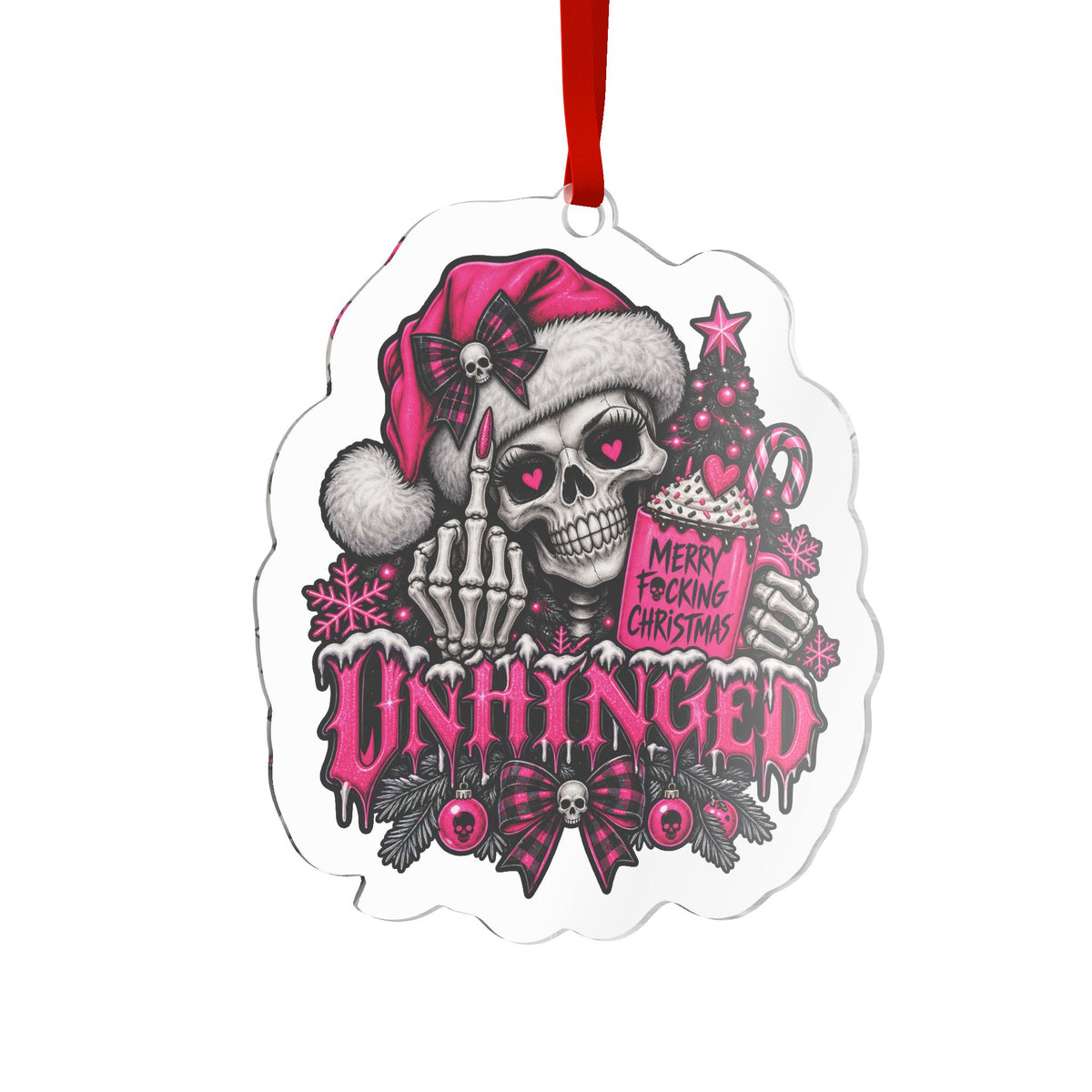 Unhinged Skull Pink Santa Ornament — 'Merry F*cking Christmas'