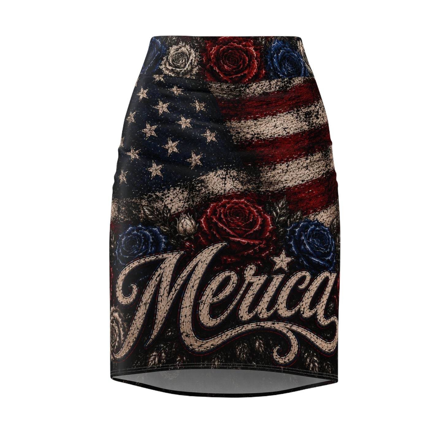 'Merica Flag Rose Pencil Skirt — Patriotic American Flag Graphic Skirt