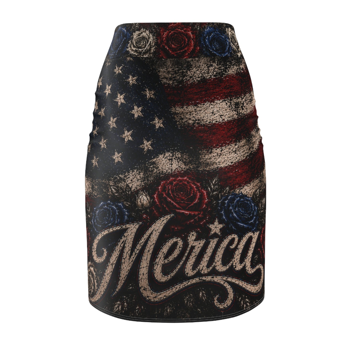 'Merica Flag Rose Pencil Skirt — Patriotic American Flag Graphic Skirt