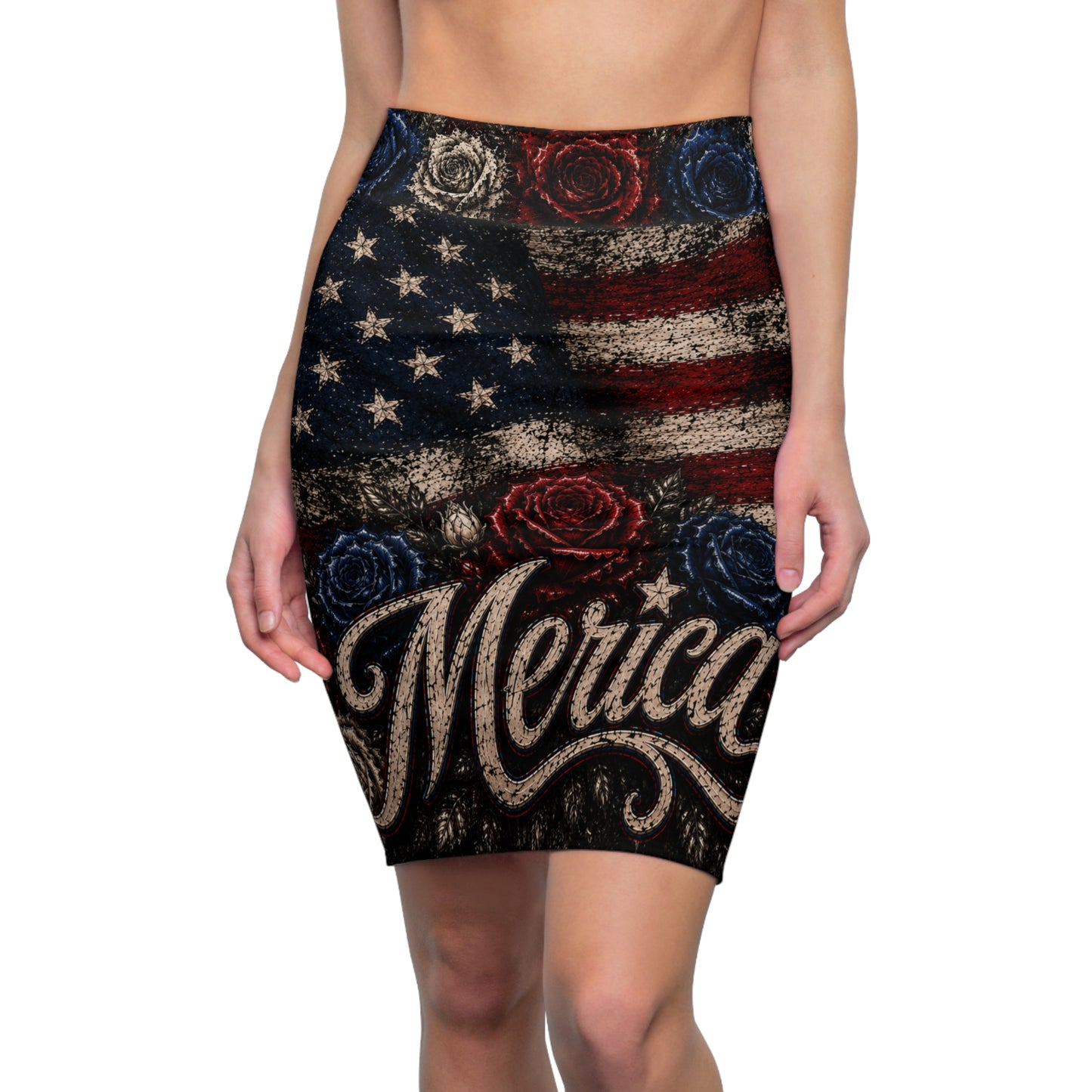 'Merica Flag Rose Pencil Skirt — Patriotic American Flag Graphic Skirt