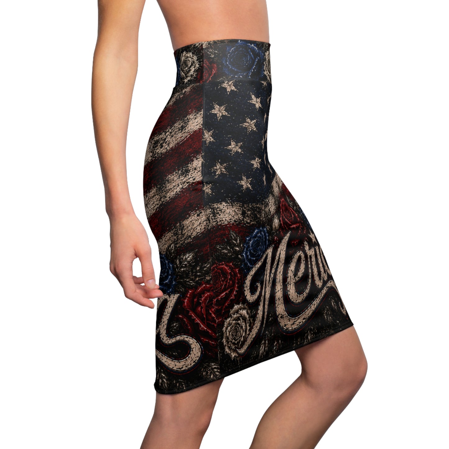 'Merica Flag Rose Pencil Skirt — Patriotic American Flag Graphic Skirt