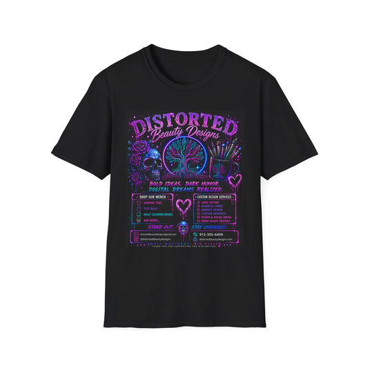 Distorted Beauty Designs Graphic T-Shirt — Retro Neon Aesthetic, Skull & Botanical Art
