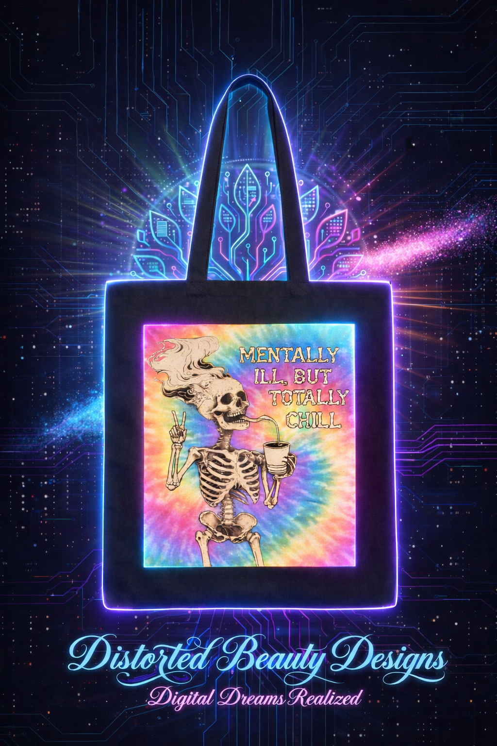 Tie-Dye Skeletons "Mentally Ill But Totally Chill" Canvas Bag