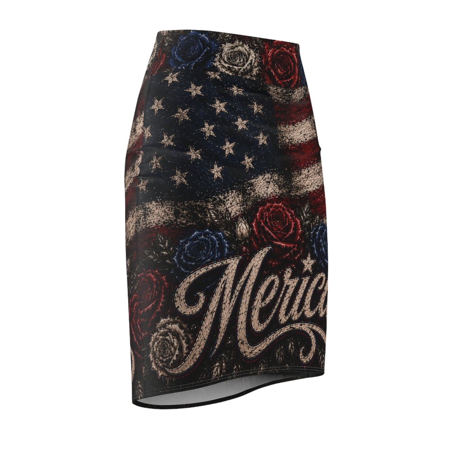 'Merica Flag Rose Pencil Skirt — Patriotic American Flag Graphic Skirt